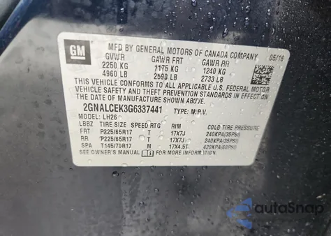 2016 Chevrolet Equinox Lt из США, поврежденный, VIN 2GNALCEK3G6337441